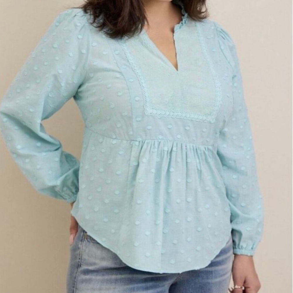 Torrid Light Blue Eyelet Clip Dot Long Sleeve Embroidered Cotton Top Blouse 2X